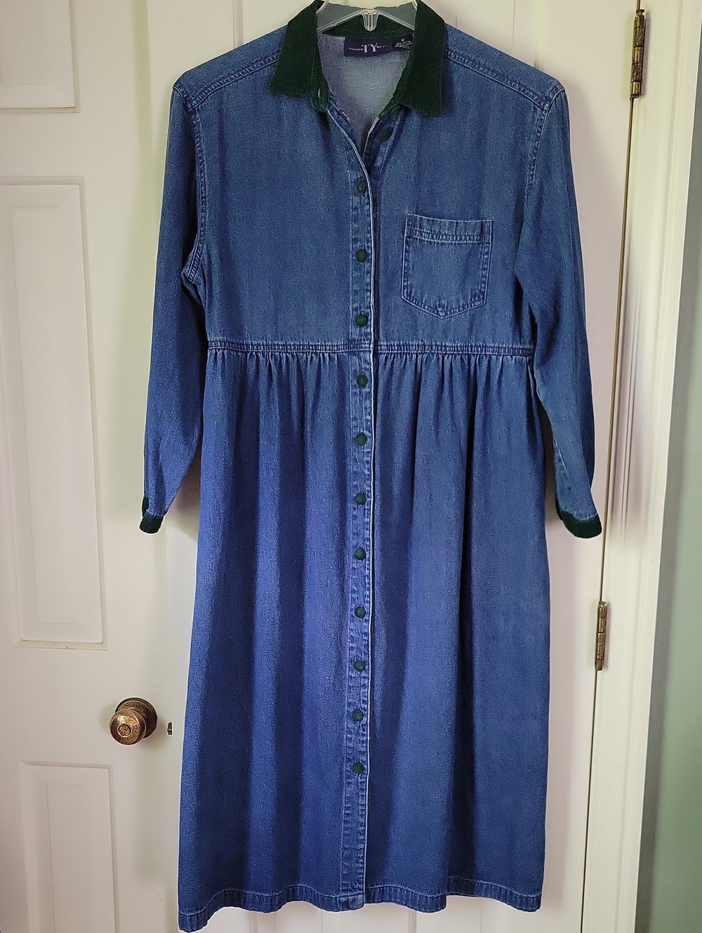 Vintage Denim Full Button Down Maxi Dress with Corduroy Collar And Cuffs Sz M